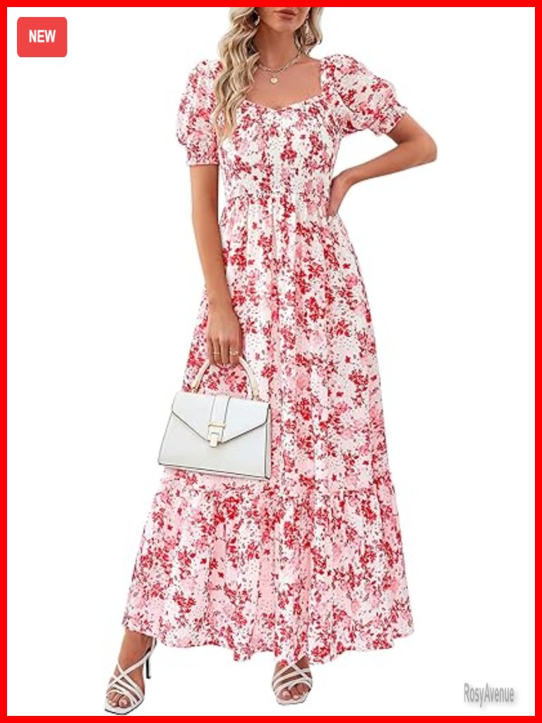 Floral Boho Maxi Dress Smocked Sweetheart Neckline Eyelet Short Sleeve